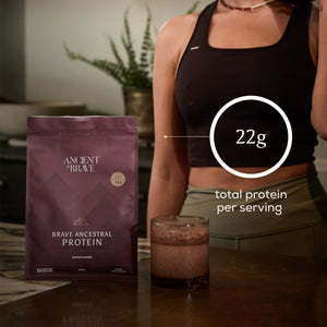 Brave Ancestral Protein package with a person wearing athletic wear, indicating 22g of protein per serving.
