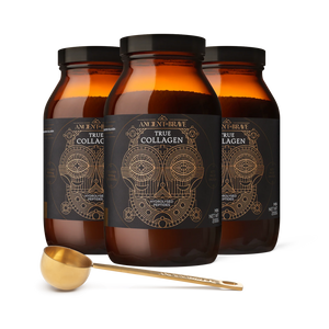 Three jars of Ancient + Brave ‘True Collagen’ accompanied by a gold ritual scoop on a white background