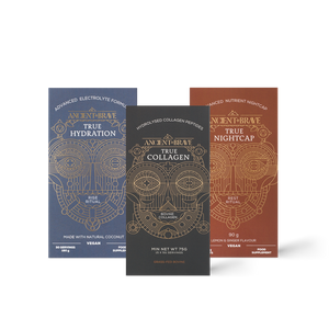 Three boxes of Ancient & Brave sachet products including 'True Collagen, True Hydration and True Nightcap' on a white background