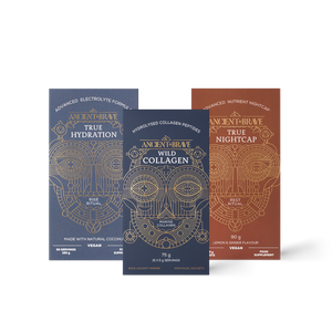 Three boxes of Ancient & Brave sachet products including ‘Wild Collagen, True Hydration and True Nightcap' on a white background